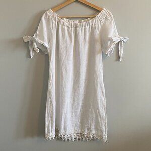 White 100% Linen Made in Italy Mini Off the Shoulder Dress Lace Bows Vacation
